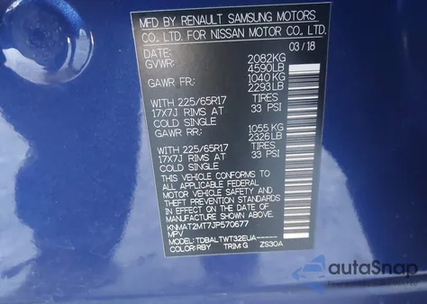 2018 Nissan Rogue Sv z USA, uszkodzony, nr VIN KNMAT2MT7JP570677